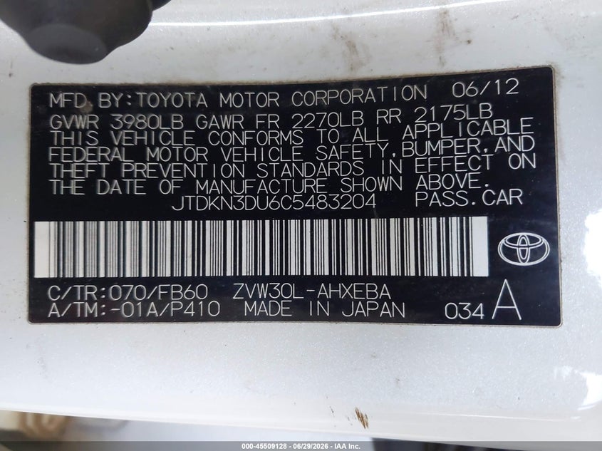 2012 Toyota Prius VIN JTDKN3DU6C5483204 IAAI salvage auction — NORMAL WEAR, Clear - Dealer Only (California), sold $3,000 on 2026-07-07 (photo 9)