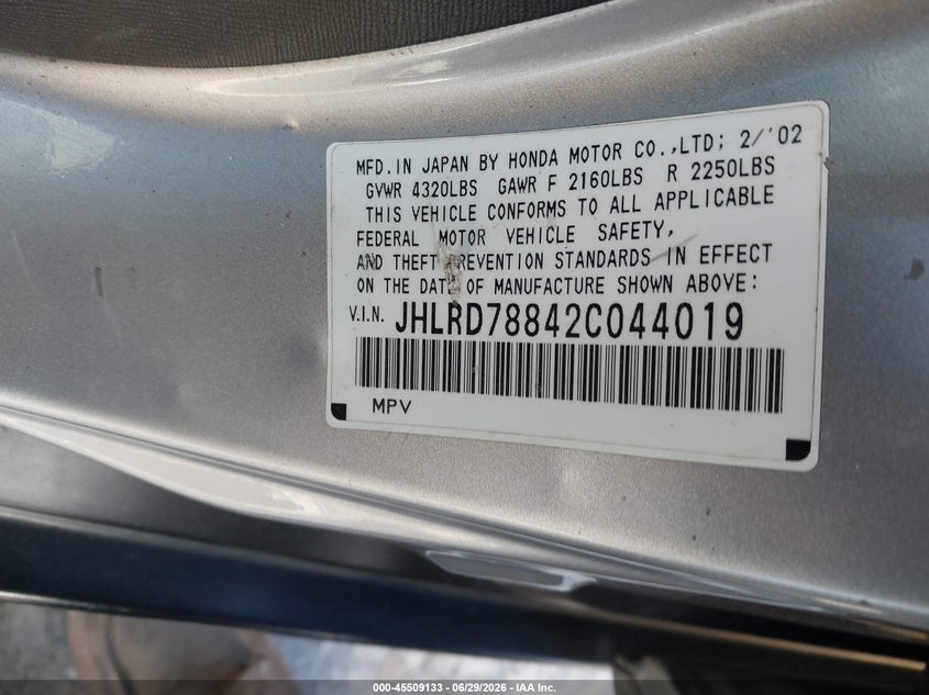 2002 Honda Cr-v VIN JHLRD78842C044019 IAAI salvage auction — NORMAL WEAR, Clear - Dealer Only (California), sold $500 on 2026-07-09 (photo 9)