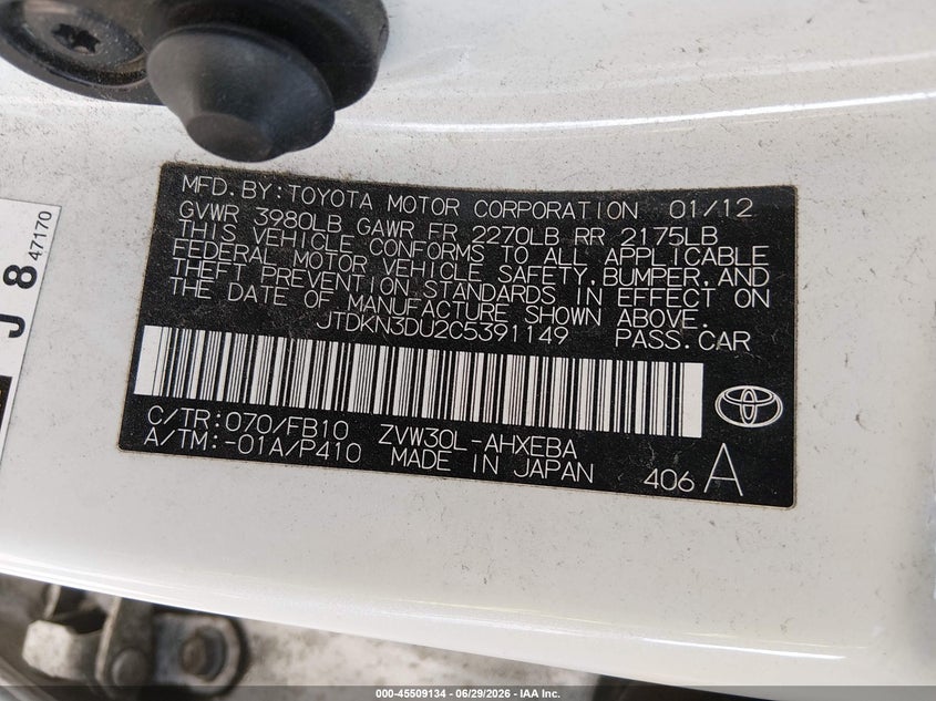 2012 Toyota Prius VIN JTDKN3DU2C5391149 IAAI salvage auction — LEFT REAR, Salvage Title, sold $1,250 on 2026-07-29 (photo 9)