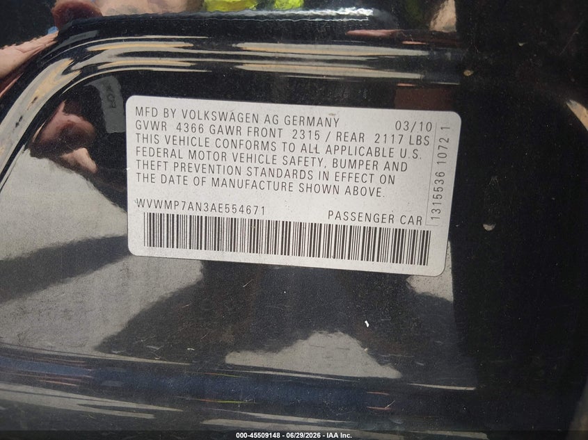 2010 Volkswagen Cc VIN WVWMP7AN3AE554671 IAAI salvage auction — NORMAL WEAR, Salvage (California), sold $400 on 2026-07-20 (photo 9)
