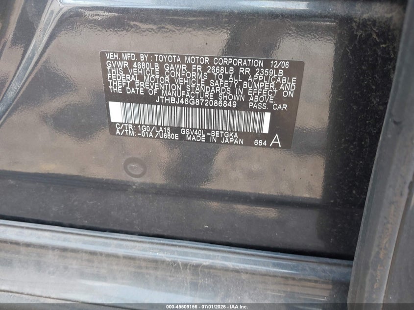2007 Lexus Es 350 VIN JTHBJ46G872086849 IAAI salvage auction — NORMAL WEAR, Clear (New Jersey), sold $875 on 2026-07-29 (photo 9)