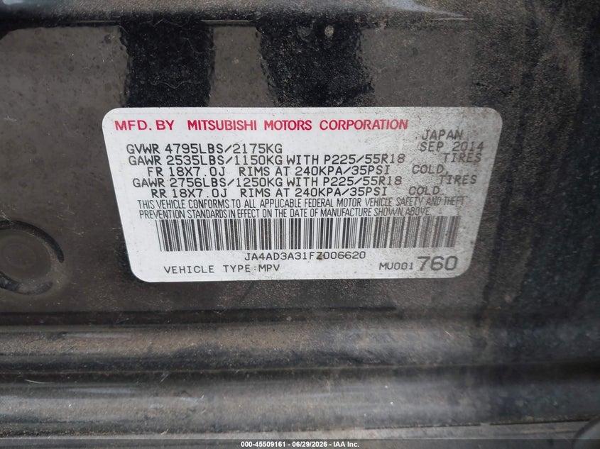 2015 Mitsubishi Outlander VIN JA4AD3A31FZ006620 IAAI salvage auction — NORMAL WEAR, Clear (Washington), sold $325 on 2026-07-12 (photo 9)