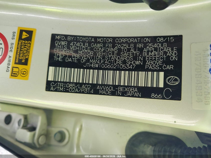 2016 Lexus ES VIN JTHBW1GG6G2105347 IAAI salvage auction — ALL OVER, Rebuildable (Florida), sold $1,600 on 2026-07-30 (photo 9)