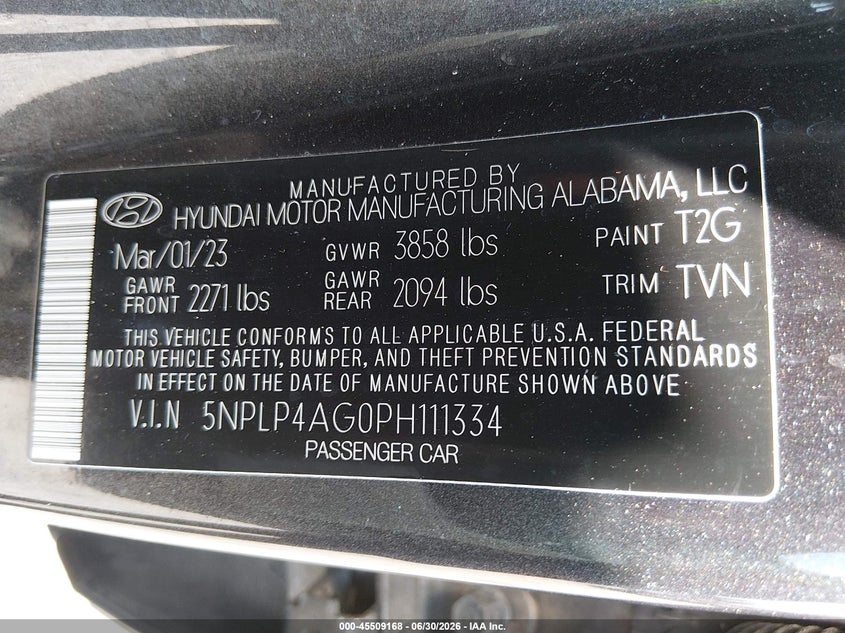 2023 Hyundai Elantra VIN 5NPLP4AG0PH111334 IAAI salvage auction — STORM DAMAGE, Rebuildable (Florida), sold $5,400 on 2026-08-01 (photo 9)