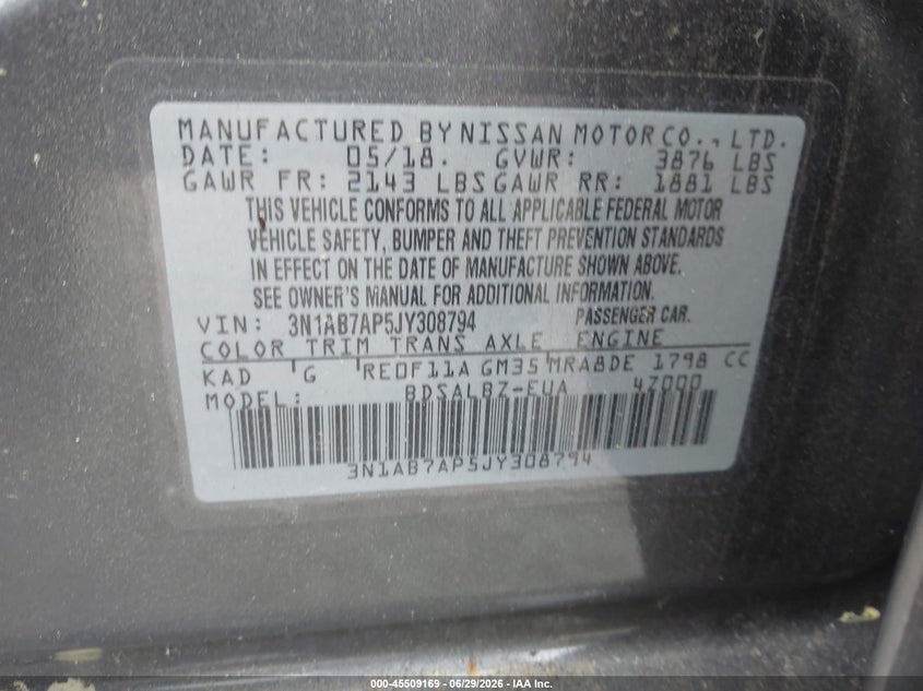 2018 Nissan Sentra VIN 3N1AB7AP5JY308794 IAAI salvage auction — NORMAL WEAR, Clear (Washington), sold $425 on 2026-07-09 (photo 9)