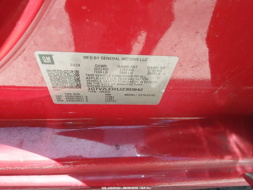 2018 Gmc Sierra 1500 VIN 1GTV2LEH1JZ303642 IAAI salvage auction — NORMAL WEAR, Original (Texas), sold $8,100 on 2026-07-13 (photo 9)