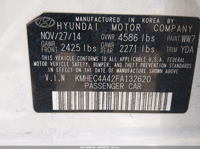 2015 Hyundai Sonata hybrid VIN KMHEC4A42FA132620 IAAI salvage auction — NORMAL WEAR, Clear - Dealer Only (California), sold $800 on 2026-07-18 (photo 9)