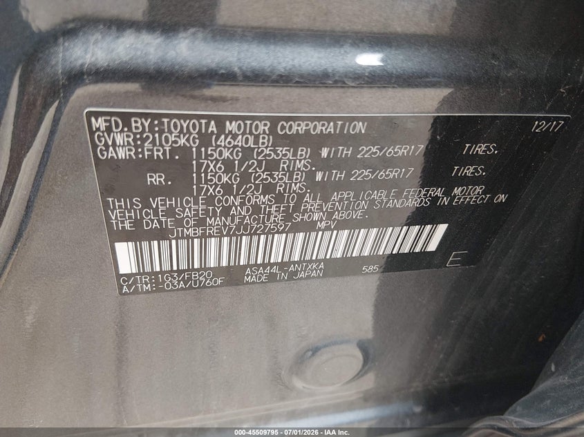 2018 Toyota Rav 4 VIN JTMBFREV7JJ727597 IAAI salvage auction — FRONT & REAR, Salvage (Nebraska), sold $2,000 on 2026-07-30 (photo 9)