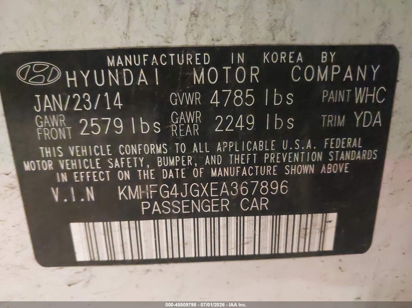 2014 Hyundai Azera VIN KMHFG4JGXEA367896 IAAI salvage auction — NORMAL WEAR, Prior Salvage (Minnesota), sold $1,125 on 2026-07-15 (photo 9)