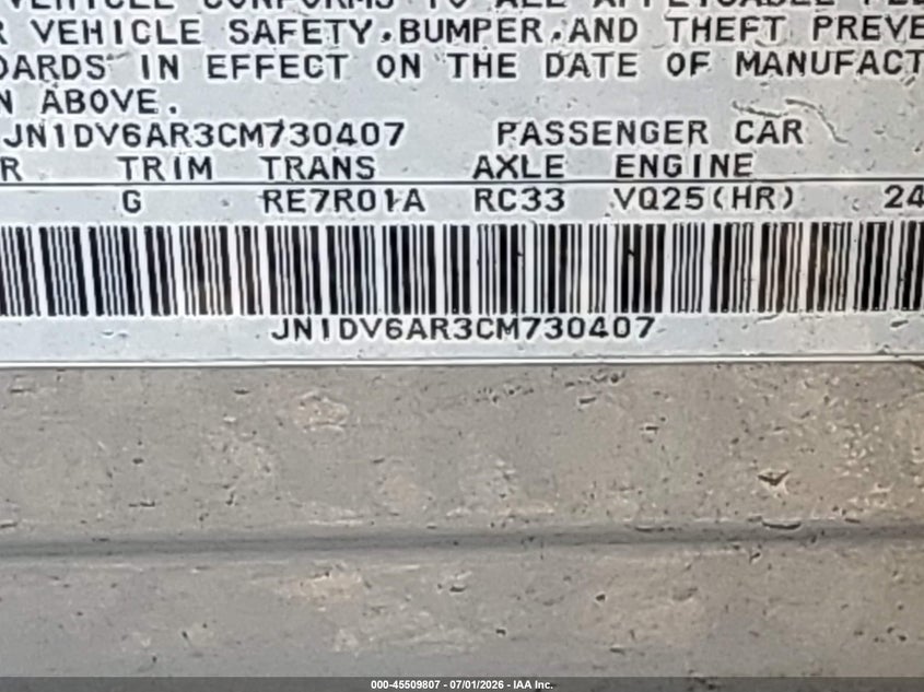 2012 Infiniti G25 VIN JN1DV6AR3CM730407 IAAI salvage auction — NORMAL WEAR, Clear (New York), sold $425 on 2026-07-14 (photo 9)