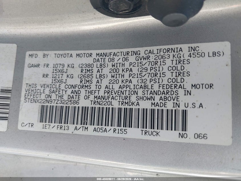 2007 Toyota Tacoma VIN 5TENX22N97Z322586 IAAI salvage auction — NORMAL WEAR, Clear (Mississippi), sold $2,850 on 2026-07-24 (photo 9)