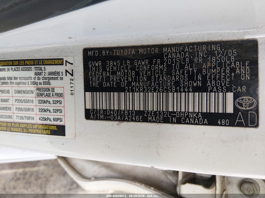 2006 Toyota Matrix VIN 2T1KR32E26C581444 IAAI salvage auction — NORMAL WEAR, Clear (Texas), sold $500 on 2026-07-09 (photo 9)