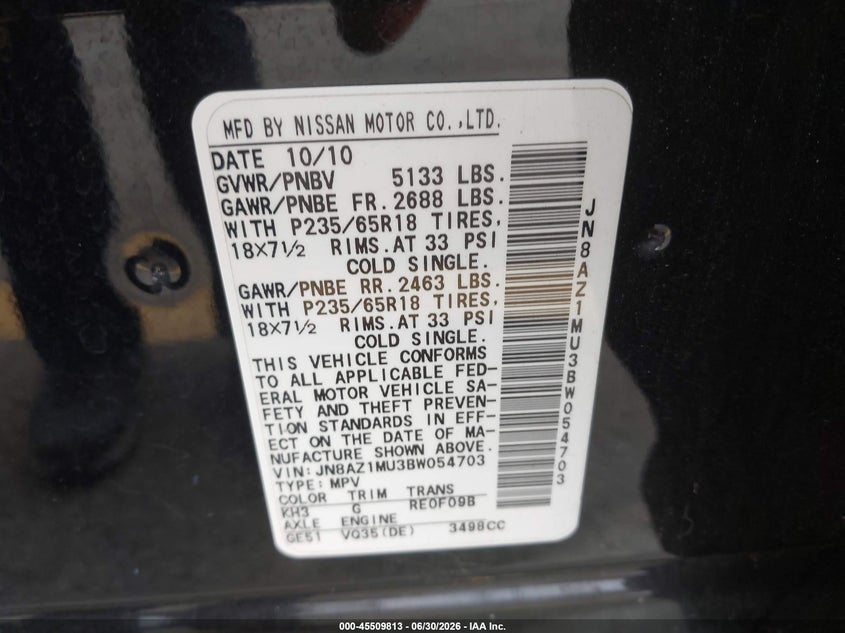 2011 Nissan Murano VIN JN8AZ1MU3BW054703 IAAI salvage auction — NORMAL WEAR, App For Dup Clear (California), sold $400 on 2026-07-28 (photo 9)