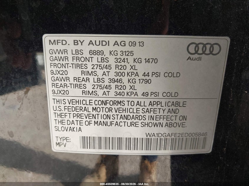 2014 Audi Q7 VIN WA1DGAFE2ED005846 IAAI salvage auction — NORMAL WEAR, Original (Texas), sold $500 on 2026-07-29 (photo 9)