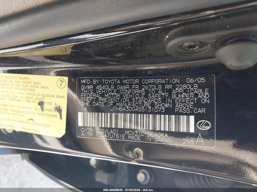 2005 Lexus Es 330 VIN JTHBA30G455131073 IAAI salvage auction — NORMAL WEAR, Original (Texas), sold $575 on 2026-07-21 (photo 9)