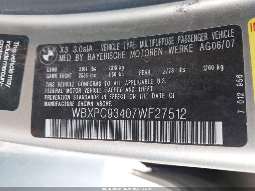 2007 BMW X3 VIN WBXPC93407WF27512 IAAI salvage auction — NORMAL WEAR, Clear (Pennsylvania), sold $300 on 2026-07-21 (photo 9)