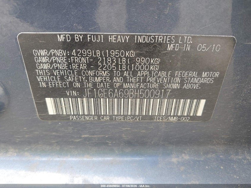 2011 Subaru Impreza VIN JF1GE6A69BH500917 IAAI salvage auction — NORMAL WEAR, Clear (Colorado), sold $375 on 2026-07-22 (photo 9)
