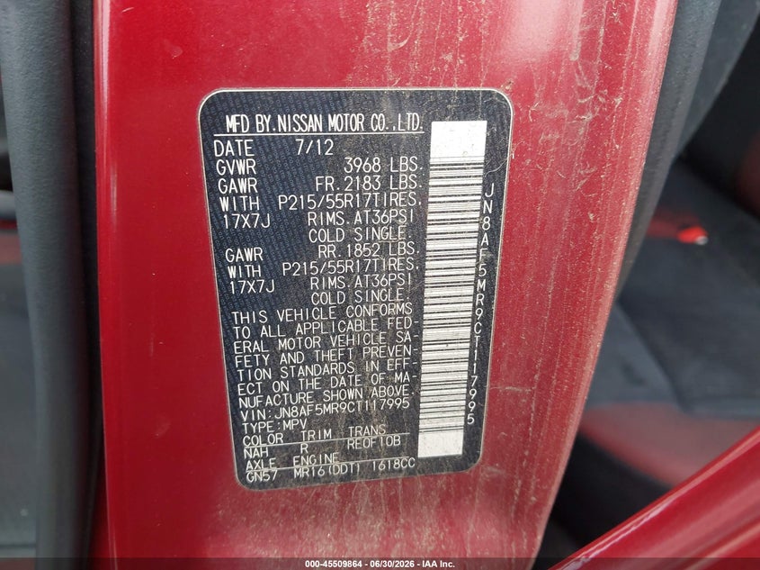 2012 Nissan Juke VIN JN8AF5MR9CT117995 IAAI salvage auction — NORMAL WEAR, Clear - Dealer Only (California), sold $475 on 2026-07-09 (photo 9)