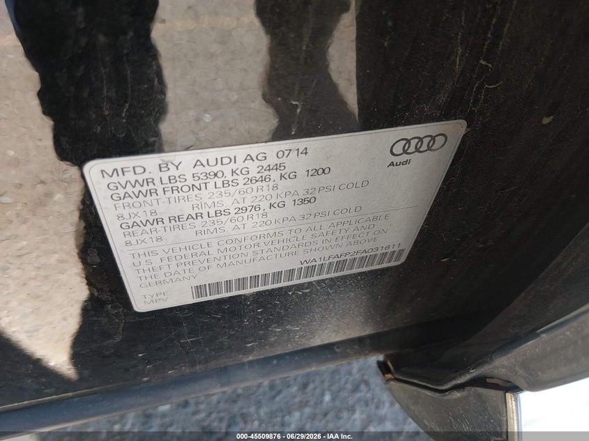 2015 Audi Q5 VIN WA1LFAFP2FA031611 IAAI salvage auction — NORMAL WEAR, Clear (Colorado), sold $3,100 on 2026-07-28 (photo 9)