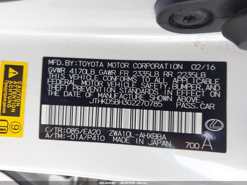 2016 Lexus Ct VIN JTHKD5BH3G2270785 IAAI salvage auction — FRONT END, Salvage Title, sold $4,150 on 2026-07-23 (photo 9)