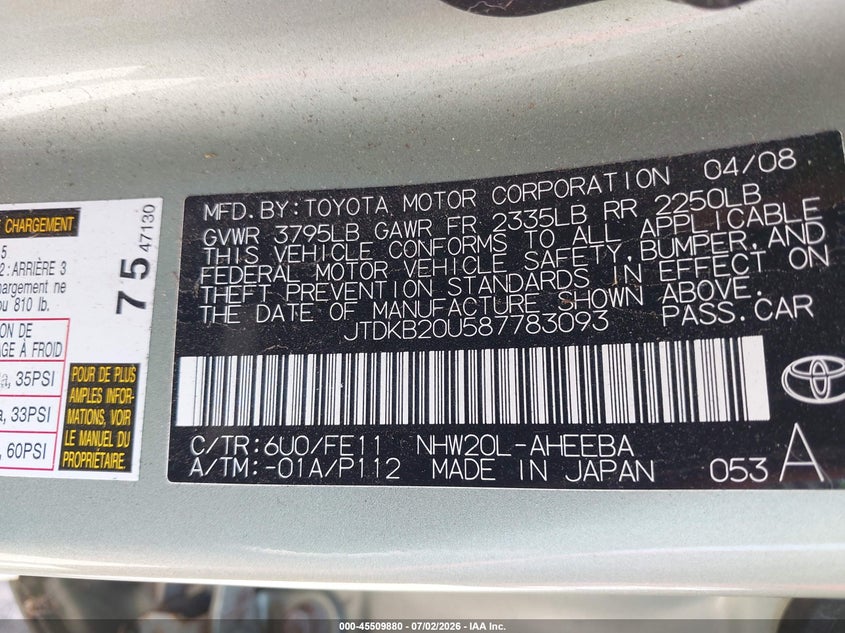 2008 Toyota Prius VIN JTDKB20U587783093 IAAI salvage auction — NORMAL WEAR, Clear (Indiana), sold $375 on 2026-07-29 (photo 9)