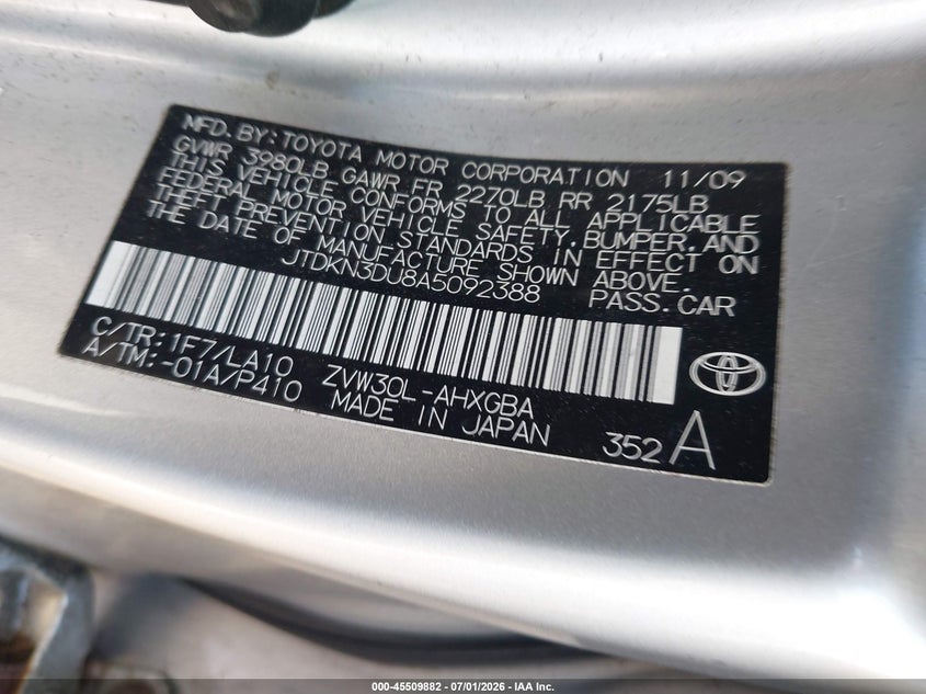 2010 Toyota Prius VIN JTDKN3DU8A5092388 IAAI salvage auction — NORMAL WEAR, Clear (New York), sold $1,200 on 2026-07-07 (photo 9)