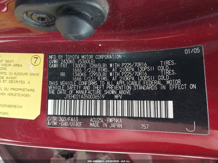2005 Toyota Highlander VIN JTEHD21A350036519 IAAI salvage auction — NORMAL WEAR, Peddle Clear Public-Restricted (Oregon), sold $300 on 2026-07-28 (photo 9)