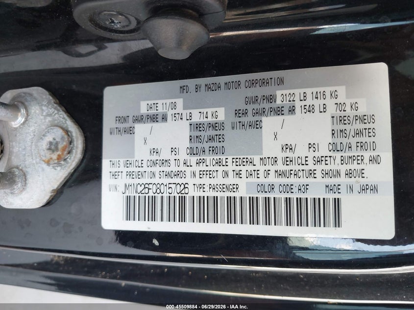 2008 Mazda Mx-5 VIN JM1NC26F080157026 IAAI salvage auction — NORMAL WEAR, Clear (Florida), sold $375 on 2026-07-15 (photo 9)