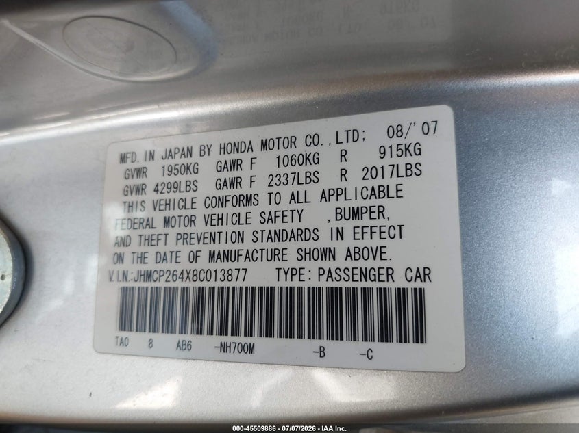 2008 Honda Accord VIN JHMCP264X8C013877 IAAI salvage auction — NORMAL WEAR, Clear (Montana), sold $200 on 2026-07-29 (photo 9)