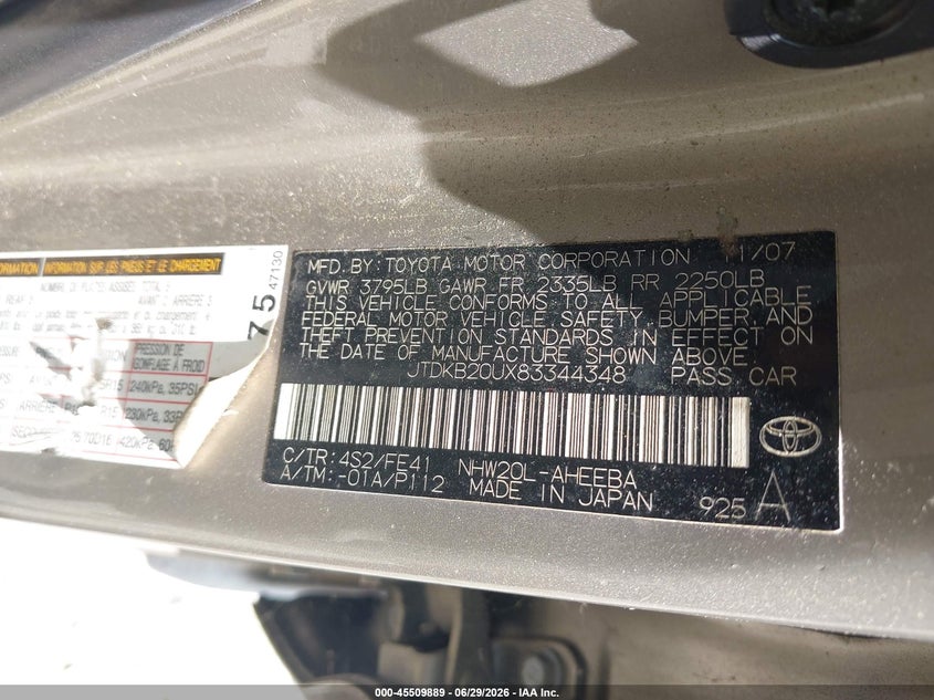 2008 Toyota Prius VIN JTDKB20UX83344348 IAAI salvage auction — NORMAL WEAR, Clear (Georgia), sold $550 on 2026-07-07 (photo 9)