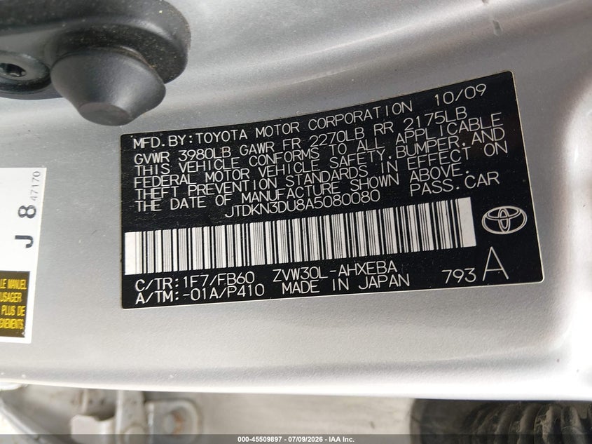 2010 Toyota Prius VIN JTDKN3DU8A5080080 IAAI salvage auction — NORMAL WEAR, Clear (Illinois), sold $1,400 on 2026-07-29 (photo 9)