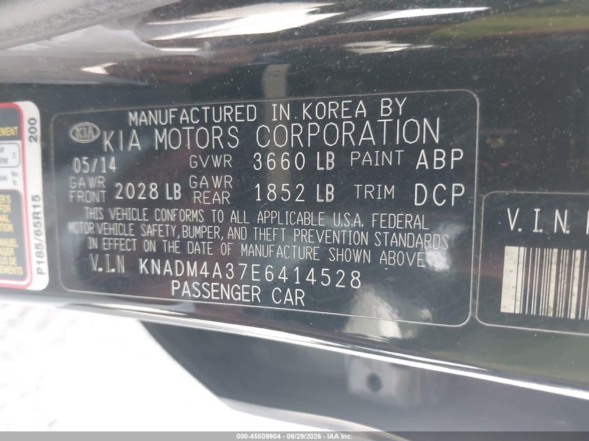 2014 Kia Rio VIN KNADM4A37E6414528 IAAI salvage auction — NORMAL WEAR, Clear (Indiana), sold $350 on 2026-07-22 (photo 9)