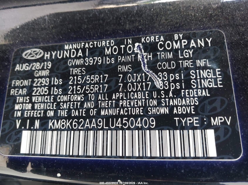 2020 Hyundai Kona VIN KM8K62AA9LU450409 IAAI salvage auction — NORMAL WEAR, Clear (Florida), sold $1,300 on 2026-07-21 (photo 9)