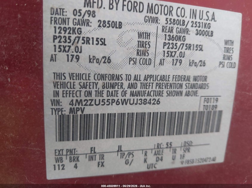 1998 Mercury Mountaineer VIN 4M2ZU55P6WUJ38426 IAAI salvage auction — NORMAL WEAR, Clear (Utah), sold $275 on 2026-07-09 (photo 9)