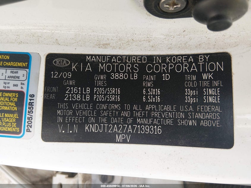 2010 Kia Soul VIN KNDJT2A27A7139316 IAAI salvage auction — NORMAL WEAR, Clear (Tennessee), sold $650 on 2026-07-30 (photo 9)