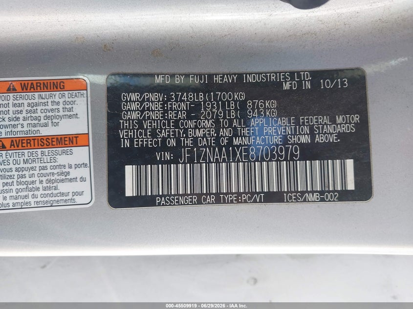 2014 Scion Fr-s VIN JF1ZNAA1XE8703979 IAAI salvage auction — NORMAL WEAR, Clear (Tennessee), sold $3,150 on 2026-07-14 (photo 9)
