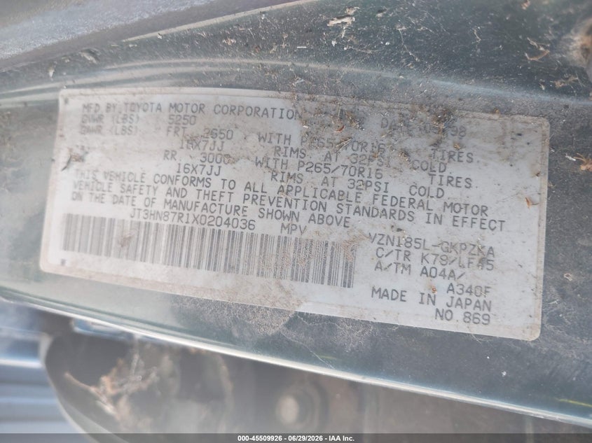 1999 Toyota 4runner VIN JT3HN87R1X0204036 IAAI salvage auction — NORMAL WEAR, Clear - Dealer Only (California), sold $2,150 on 2026-07-07 (photo 9)