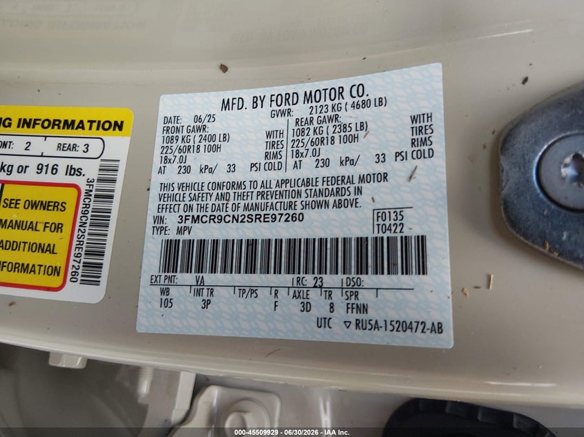 2025 Ford Bronco sport VIN 3FMCR9CN2SRE97260 IAAI salvage auction — WATER/FLOOD, Certificate Of Destruction (Louisiana), sold $10,200 on 2026-08-20 (photo 9)