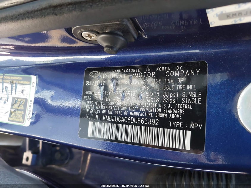 2013 Hyundai Tucson VIN KM8JUCAC6DU663392 IAAI salvage auction — NORMAL WEAR, Clear (Michigan), sold $1,350 on 2026-07-30 (photo 9)