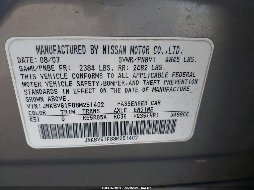 2008 Infiniti G35 VIN JNKBV61F88M251402 IAAI salvage auction — NORMAL WEAR, Clear (Pennsylvania), sold $925 on 2026-07-31 (photo 9)