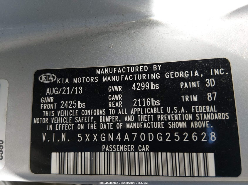 2013 Kia Optima VIN 5XXGN4A70DG252628 IAAI salvage auction — NORMAL WEAR, Clear (California), sold $1,100 on 2026-07-10 (photo 9)