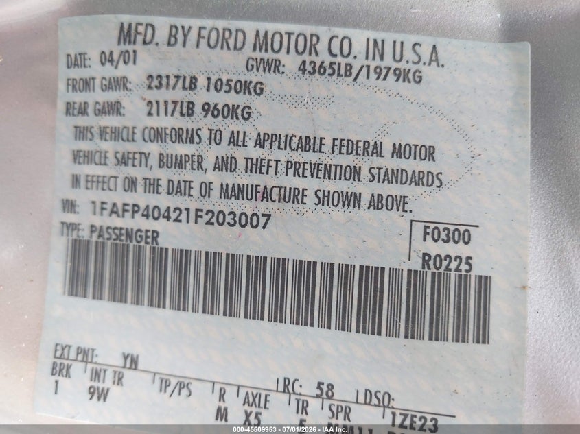 2001 Ford Mustang VIN 1FAFP40421F203007 IAAI salvage auction — NORMAL WEAR, Clear-Endorsement (Wisconsin), sold $325 on 2026-07-09 (photo 9)