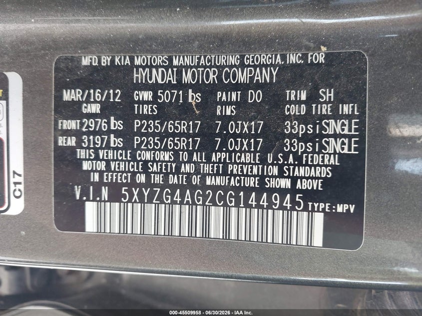 2012 Hyundai Santa fe VIN 5XYZG4AG2CG144945 IAAI salvage auction — NORMAL WEAR, Clear (Illinois), sold $950 on 2026-07-08 (photo 9)