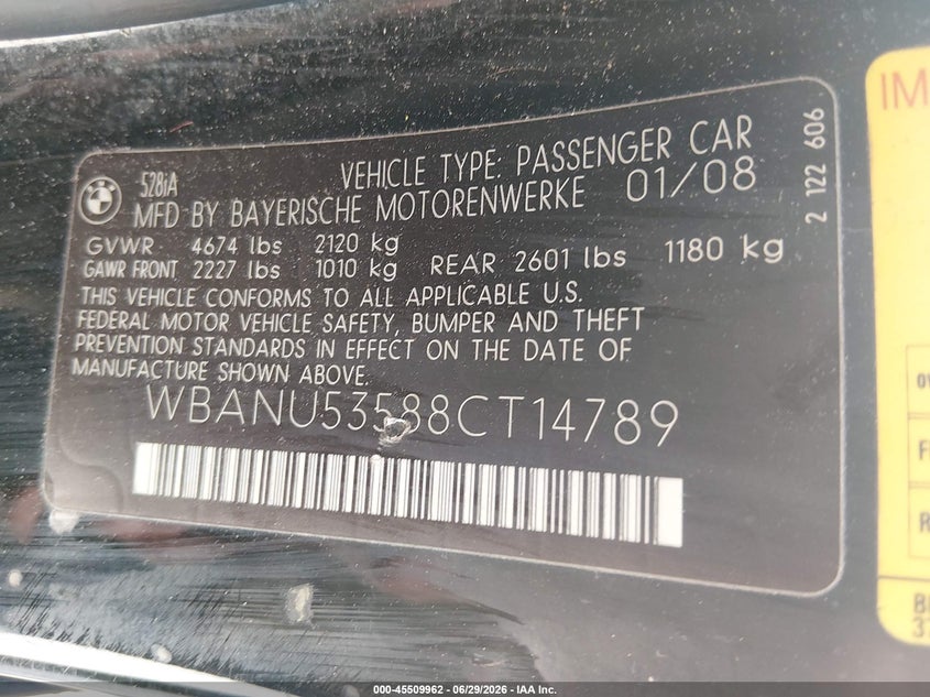 2008 BMW 5 series VIN WBANU53588CT14789 IAAI salvage auction — NORMAL WEAR, Repossession Paperwork (South Carolina), sold $725 on 2026-07-31 (photo 9)