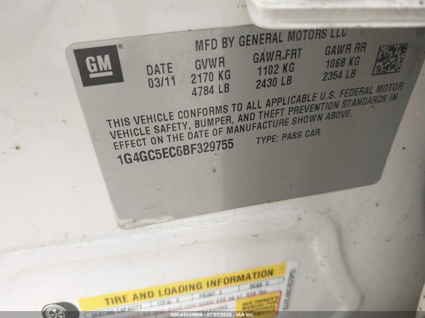 2011 Buick Lacrosse VIN 1G4GC5EC6BF329755 IAAI salvage auction — NORMAL WEAR, Clear (Georgia), sold $200 on 2026-07-10 (photo 9)
