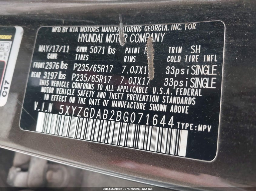 2011 Hyundai Santa fe VIN 5XYZGDAB2BG071644 IAAI salvage auction — NORMAL WEAR, Clear (North Carolina), sold $650 on 2026-07-24 (photo 9)