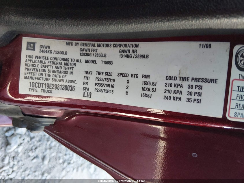 2009 Chevrolet Colorado VIN 1GCDT19E298138036 IAAI salvage auction — NORMAL WEAR, Original (West Virginia), sold $1,000 on 2026-07-18 (photo 9)