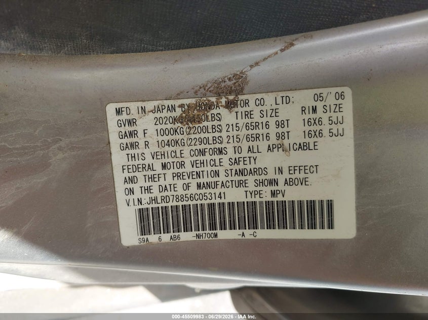 2006 Honda Cr-v VIN JHLRD78856C053141 IAAI salvage auction — NORMAL WEAR, Clear (Texas), sold $1,200 on 2026-07-23 (photo 9)