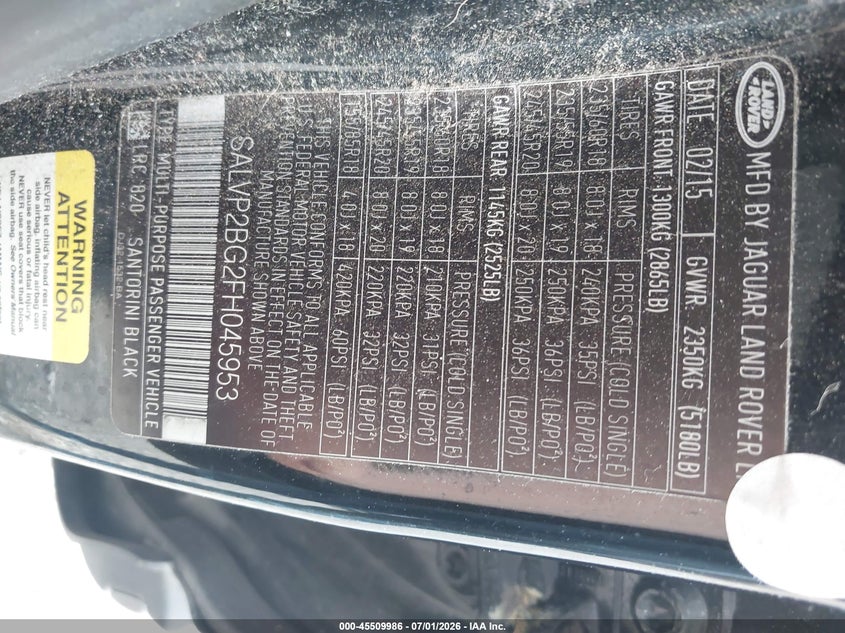 2015 Land rover Range rover evoque VIN SALVP2BG2FH045953 IAAI salvage auction — NORMAL WEAR, Clear (Virginia), sold $1,800 on 2026-07-09 (photo 9)