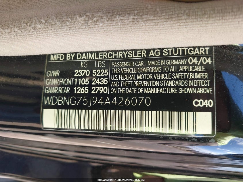 2004 Mercedes-benz S class VIN WDBNG75J94A426070 IAAI salvage auction — NORMAL WEAR, Clear (Hawaii), sold $100 on 2026-07-28 (photo 9)